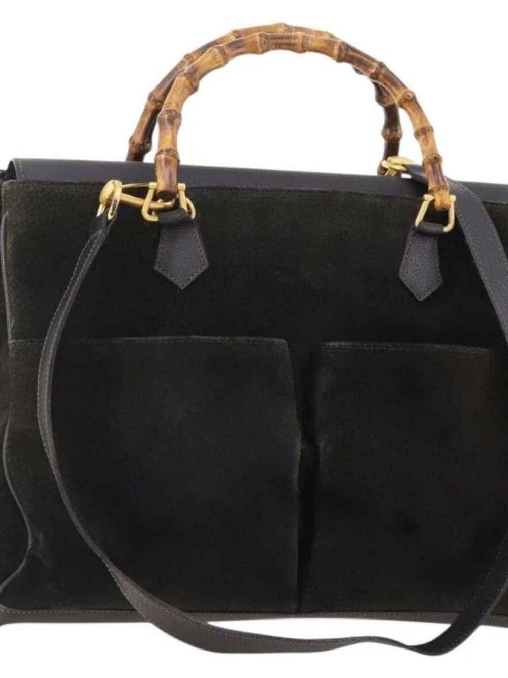 GUCCI Bamboo Tote Bag Suede 2way Black Gold 002 123 0322 Auth